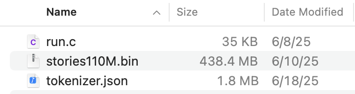 Finder screenshot of inference engine source, tokenizer, and model weights